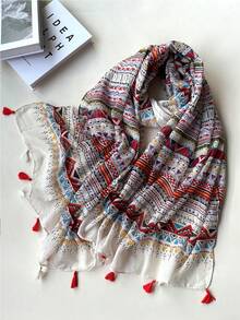 1pc Tropical Print Pattern Unique Cute Beautiful Design Lightweight Versatile Spring/Summer Headscarf, Sunscreen Shawl, Travel & Holiday Accessory For Women - White - View 1