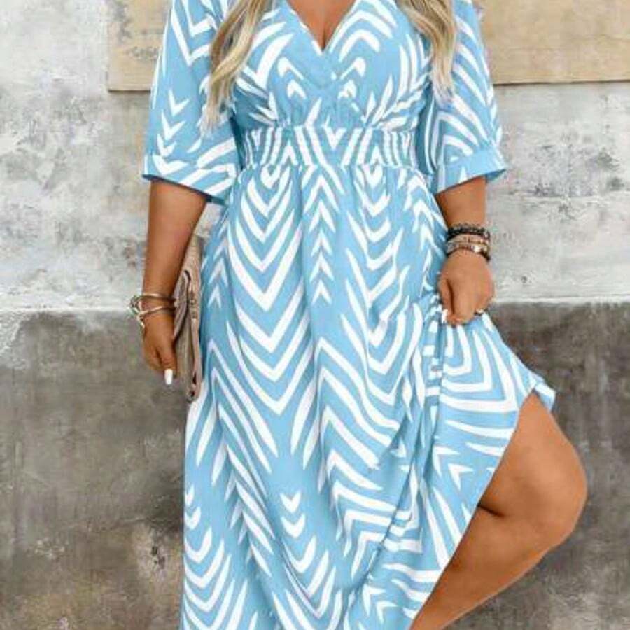 Summer Elegant Floral Print Short Sleeve Dress - Azul - Ver 1