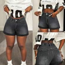 Plus Size Women Blue High Waist Casual Summer Denim Super-Short Shorts - Gris Oscuro - Ver 1
