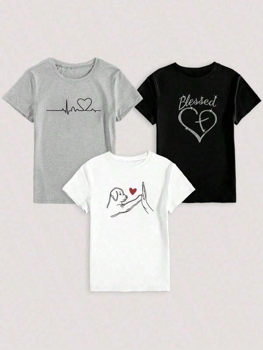 Choose 1 Item From 3 Colors. Women's 1-Piece Casual Outfit Set With Heart, ECG, And Letter Prints On A Short-Sleeved T-Shirt. All Kinds Of Prints, Jacket, Round Neck T-Shirt, Casual, For The Office, For Travel, Very Popular, Sporty Style, Print/Pattern, 100% Cotton T-Shirt, Casual T-Shirt, Comfortable, Soft, Breathable. The Latest Popular Bestseller - 黑色 - 查看 1