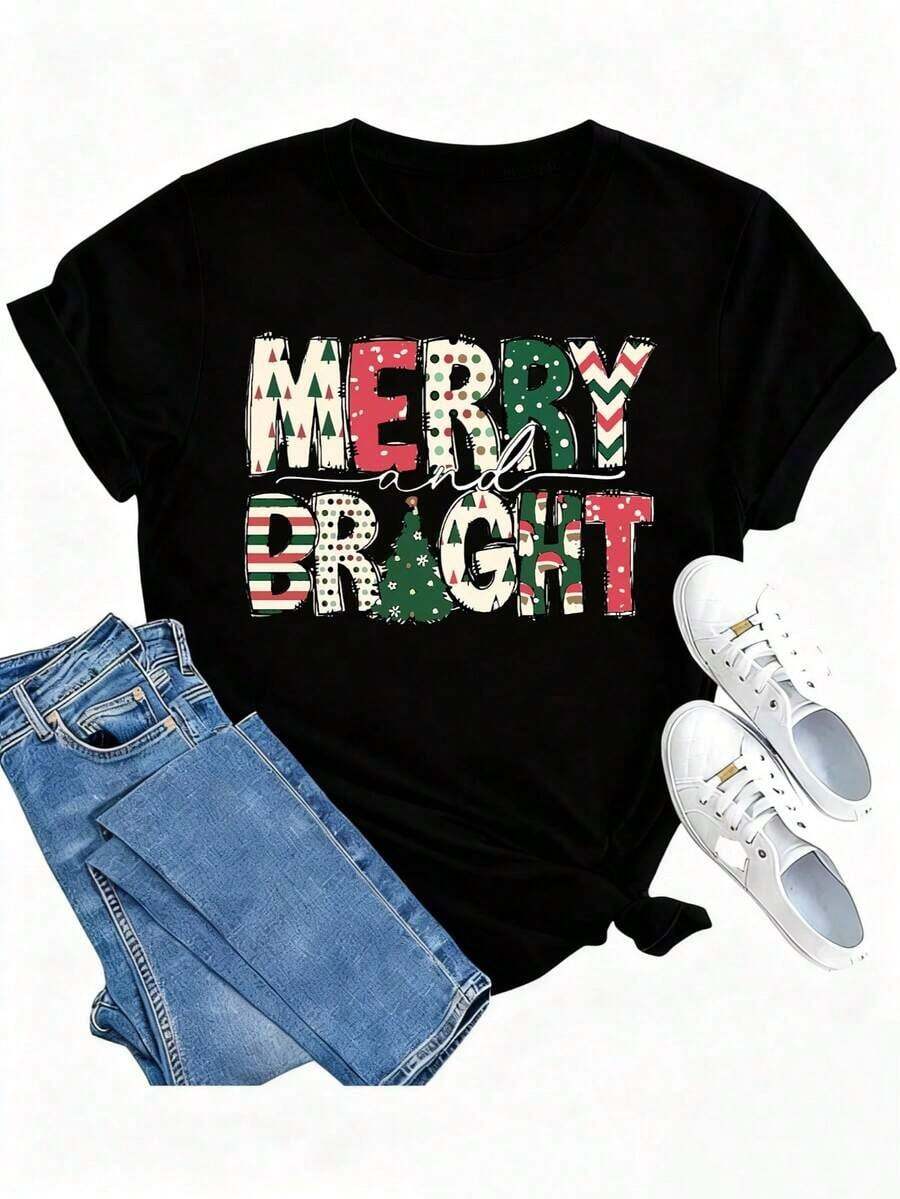 1 Women's Christmas T-Shirt - Graphic Tee With A Cheerful And Bright Christmas Tree Design, Santa Claus Print, Christmas Eve Graphic Tee, Unisex Festive Tee For Women And Men, Everyday Wear At Festivals, 180g 100% Cotton, Designs Are Fully Printed. Unisex. - 7 Black - 查看 1