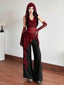 Solid Color Fitted Top With Hood And Sleeveless Mesh - Apricot - View 9
