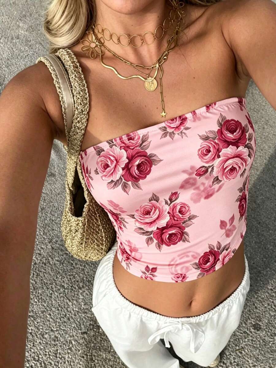 Women's Pink Rose Print Strapless Cropped Knitted Tube Tank Top - Pink - View 1