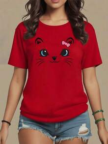 Rostro de gato blanco con ojos azules y lazo rosa que simboliza ternura y energía positiva camiseta para mujer 100% algodón suave y cómoda para uso diario,maija mujer curvy. - Rojo - Ver 1