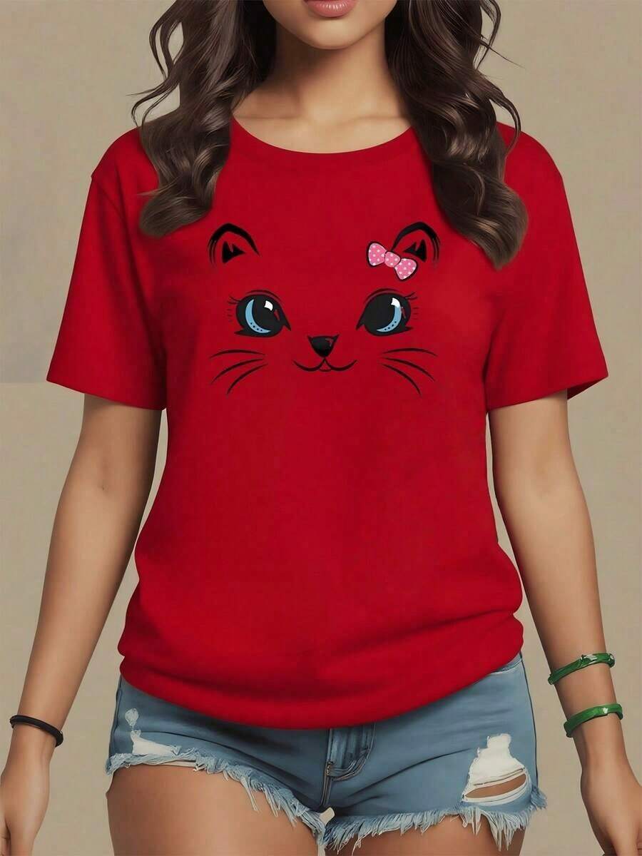 Rostro de gato blanco con ojos azules y lazo rosa que simboliza ternura y energía positiva camiseta para mujer 100% algodón suave y cómoda para uso diario,maija mujer curvy. - Rojo - Ver 1