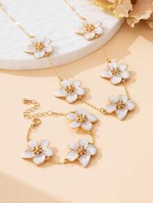 1 Set Luxury French Style Handmade Floral Pendant Necklace And Bracelet Jewelry Set, Suitable For Summer Beach Vacation - White - View 3