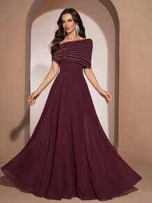 YISIKADO Women's Elegant Crystal Embellished Sleeveless Evening Dress, Graceful For Wedding Guest, Party, Formal Occasion - Burgundy - View 5