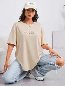 Camiseta holgada casual para mujer con estampado de letras, hombros caídos y cuello redondo, perfecta para el verano enérgico, unisex [Nacional Envio] playeras de mujer algodon - Estilo - Ver 6
