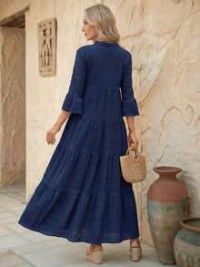 Vestido de vacaciones con mangas acampanadas y volantes en el bajo, unicolor para mujer, atuendos de vacaciones para mujer - Azul marino - Ver 2