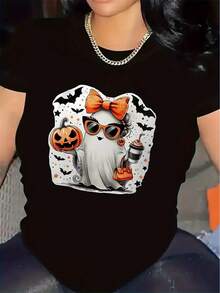 This Oversized, Short-Sleeved Halloween T-Shirt, Featuring A Cute Ghost Design, Is Perfect For Home Decor. Durable And Comfortable, It's An Ideal Choice For Indoor Gatherings And Festive Occasions. It's A Stylish And Breathable Garment. - 黑色 - 查看 6