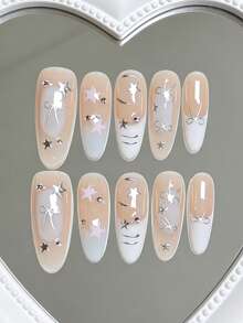 10 piezas de pegatinas de uñas estilo Y2K lindas y geniales hechas a mano, uñas postizas portátiles, calcomanías de uñas removibles, pegatinas de uñas acrílicas, forma de uña ovalada larga, estilo minimalista lindo, estrella de cinco puntas pintada a mano con lazo, perla, ojo de gato, estilo francés, adecuadas para festivales, Año Nuevo, Día de San Valentín, citas, fiestas, vacaciones, uñas postizas hechas a mano - Multicolor - Ver 12
