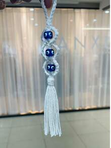 1pc Blue Eye Hanging Decor, Retro Boho Style Beaded Handmade Woven Turkish Evil Eye Pendant, Holiday Gift - White - View 3