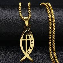 Stainless Steel Gold Christian Fish Cross Pendant Necklace, Suitable For Women And Men, N1482S02 - Necklace - View 4
