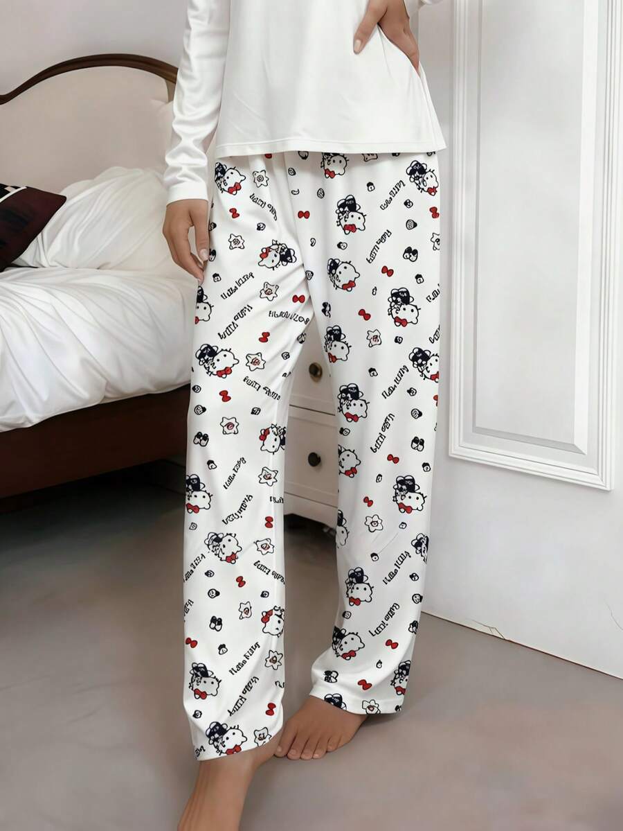 SANRIO 1件Hello Kitty卡通長褲,奶油白,柔軟長褲,休閒居家服,日常休閒褲,良好彈性輕量,高腰 - 白色 - 查看 1
