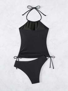Conjunto de top de tankini con cuello halter y Bottom con estampado de palmeras, cordón y fruncido, para vacaciones y playa - Negro - Ver 4