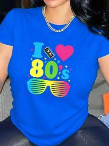 NewSummerCasualCamiseta de manga corta de lujo para fiestas de los 80, de tela de poliéster, ligera y duradera, con diseño "I Love 80s" con colores neón y estampado de gafas de moda, perfecta para uso casual en casa, restaurantes o eventos festivos.-Vintage Street Style Unisex Loose Cotton Short Sleeve Crew Neck T-Shirt - Azul - Ver 6