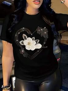 Women's Short-Sleeved Cotton T-Shirt With  Graphic Print, Casual Short-Sleeved Top With Round Neck And Hearts And Flowers Design, Machine Washable, Regular Fit, Spring/Summer T-Shirt For Women. - 黑色 - 查看 6