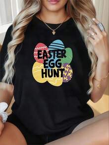 Camiseta de manga corta y cuello redondo para mujer con temática de Pascua y coloridos patrones de huevos, perfecta para salidas informales, regalos navideños y reuniones con amigos. - Negro - Ver 6