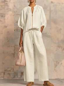 Nuevo traje de mujer casual y suelto cremallera sólida cuello redondo traje de pantalones de piernas anchas - Beis - Ver 1