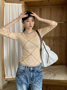 Blusa corta de manga corta con cuello cuadrado de malla a cuadros con estilo retro americano, ajustada y sexy para el verano - Caqui - Ver 8