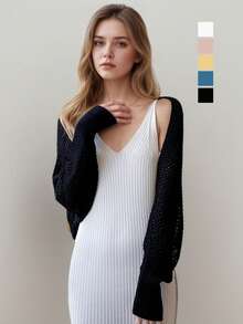 1pc Women's Spring/Summer Honeycomb Sleeve Cape With Knitted Collar And Hollow-Out Design Outerwear Accessory - Multicolor - View 2