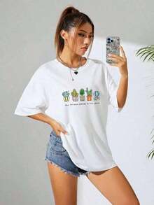 Gift 100% Cotton T-Shirt With Cactus And Succulent Print And The Phrase "All Things Grow With Love", Oversized Casual Short Sleeve T-Shirt For Women, Fresh And Positive Minimalist Streetwear Style, Ideal For Everyday Wear And Gift, Colors: White And Blue Available, Plus Size Available, Soft - 白色的 - 查看 3