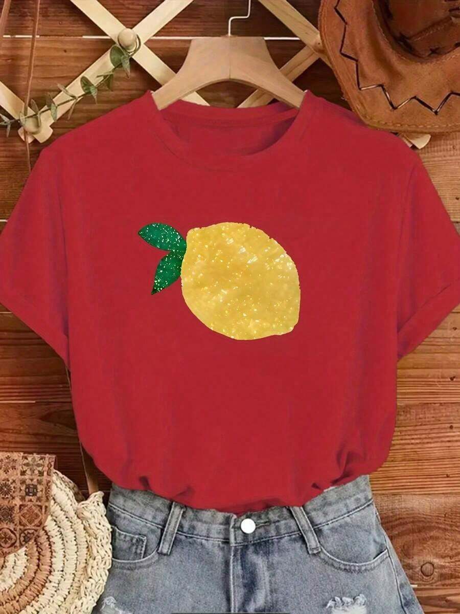 Gift | 100% Pure Cotton And Breathable | 1pc Fashionable Women's Round Neck Short Sleeve T-Shirt With [Lemon] Print, Comfortable And Stylish T-Shirt Suitable For Casual Daily Wear - 紅色的 - 查看 1