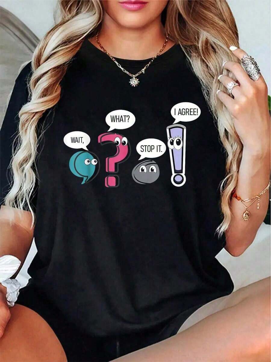 Camiseta Divertida para Profesor de Gramática, "Espera, ¿Qué? ¡Cállate! Estoy de acuerdo!" - 100% Algodón, Camisetas de Verano, Ropa de Oficina para Mujer, Camiseta Gráfica Casual con Cuello Redondo Estampado - Negro - Ver 1