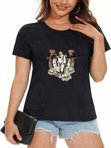 Camisetas de verano Mujer cráneo de vaca floral crisantemo imagen animada estampada Camiseta - Negro - Ver 3