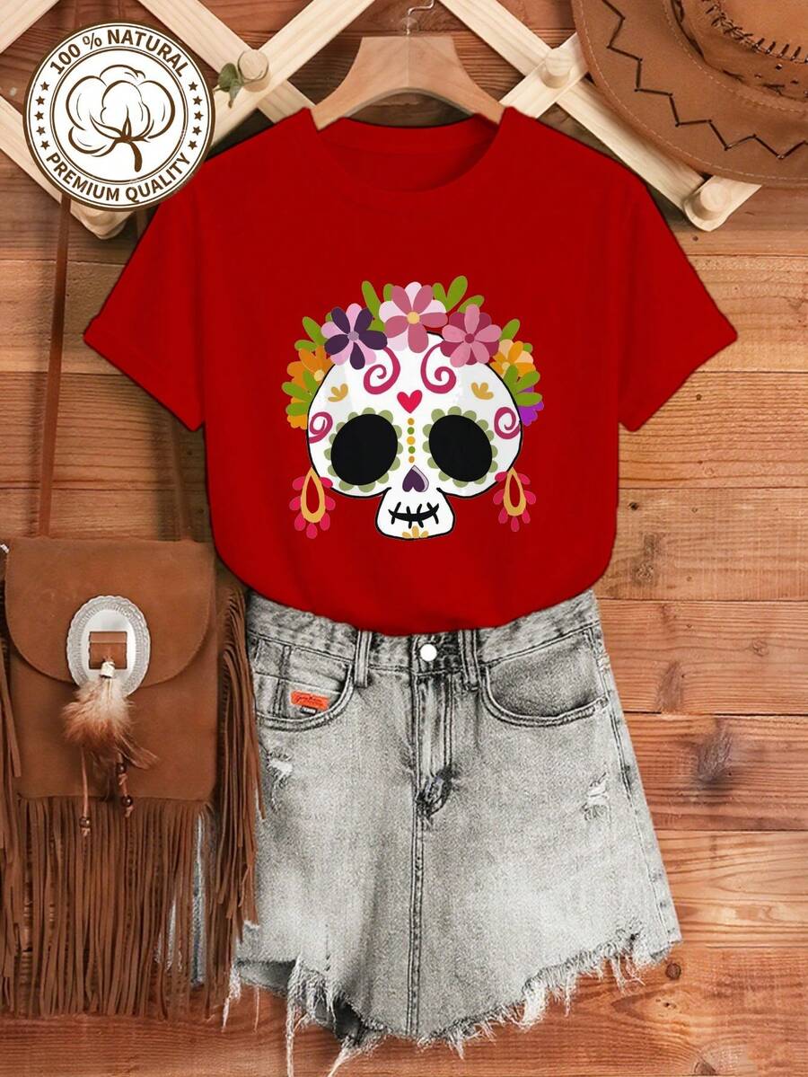MYAZUL Women's Plus Size Soft Cotton T-Shirt With Mexican Skull Floral Design, Gift For Day Of The Dead, Halloween, Fashionable Summer Dresses For Women, Casual, Perfect For All Seasons, Sizes S M L XL - 紅色 - 查看 1