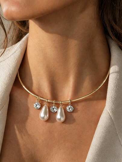 1 pieza Collar colgante de aro de metal barroco de moda con perla cultivada y rhinestone, elegante para fiestas y ocasiones formales