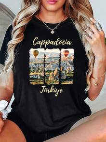 Limited Edition Women's Short-Sleeved T-Shirt With Round Neck, For Spring/Summer, Featuring A Print Of Turkish Cappadocia Landscapes And The Text Cappadociaürkiye, Made Of Lightweight Cotton. - 黑色 - 查看 7