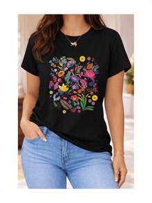 Soft 100% Cotton Women's Short-Sleeved T-Shirt With Multicolored Garden Floral Print, Botanical Wildflowers, Exotic Foliage, Casual Style, Breathable, Goes With Everything, Great. - 黑色 - 查看 1