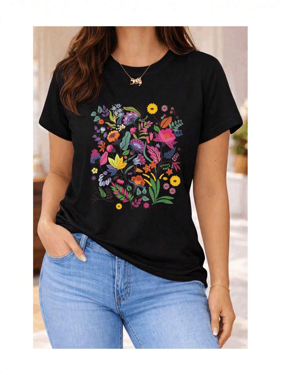 Soft 100% Cotton Women's Short-Sleeved T-Shirt With Multicolored Garden Floral Print, Botanical Wildflowers, Exotic Foliage, Casual Style, Breathable, Goes With Everything, Great. - 黑色 - 查看 1