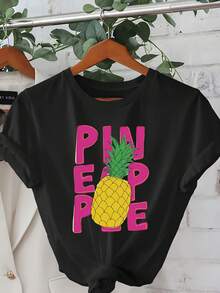 Camiseta con estampado de piñas, de manga corta y cuello redondo, ropa casual para mujer, adecuada para verano y primaveraverano mujer/Mujeres antes del Año Nuevo/ropa de playa/ontre mujer premium/Camiseta tropical de Carol pequeña - Negro - Ver 7