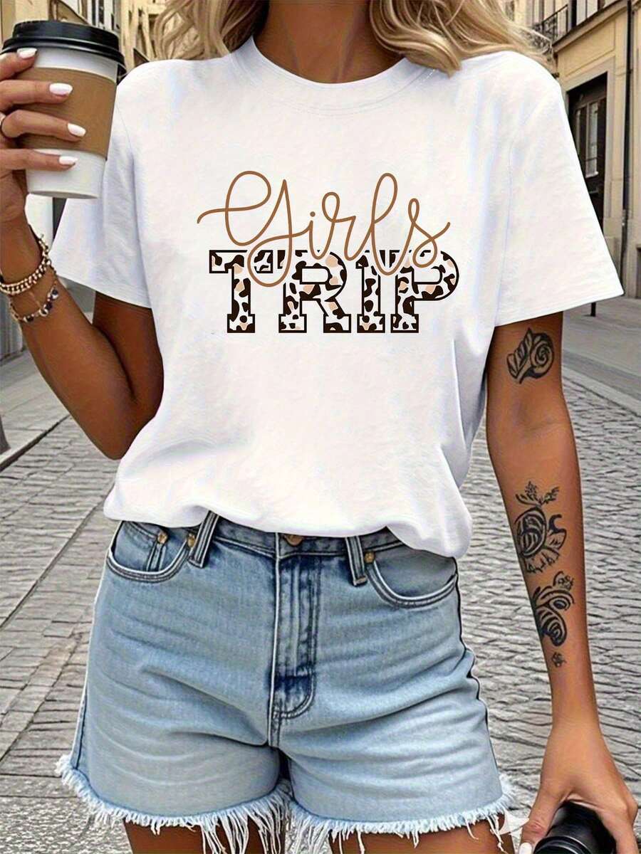 Women's Clothing, Women's Casual Style T-Shirts With Leopard Print And Lettering, Round Neck, For Spring/Summer, Women's Shirts. - 白色 - 查看 1