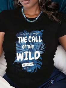 ropa de mujer Camiseta de mujer con estampado de hojas de la selva y el llamado de la naturaleza, temática de aventura y viajes, camiseta gráfica informal para uso al aire libre, camisas de mujer - Negro - Ver 5