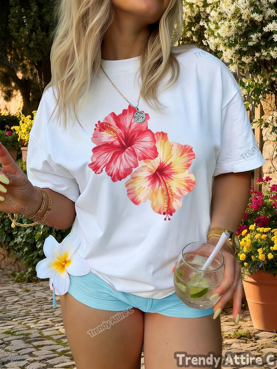Round Neck Design, Women's Hawaiian Style T-Shirt With Tropical Floral Print, Summer Round Neck T-Shirt, Floral Print Top With Round Neck, Soft And Stretchy, Suitable For Spring, Summer And Autumn, Machine Washable, Available In Multiple Colors, Classic And Modern Round Neck, Breathable Fabric, Opaque Material, Loose And Versatile, Suitable For Urban Use, Multicolor Design, Suitable For All Seasons. - 白色 - 查看 1