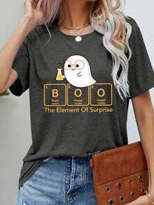 Camiseta de manga corta con cuello redondo y estampado de elementos químicos fantasma Y-Glasses, ropa casual de verano y primavera para mujer - Negro - Ver 6