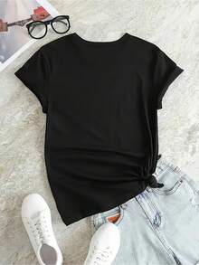Fashionable Printed T-Shirt For Women, Round Neck, Casual Style, Lightweight And Breathable, Loose Fit, Suitable For Spring And Summer - Unisex Loose Cotton T-Shirt With Short Sleeves And Round Neck, Urban Vintage Style. - 黑色 - 查看 3