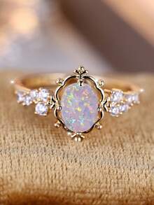 Vanel 1 chiếc nhẫn sang trọng kiểu cung điện cổ điển hình quả trứng, đính đá Cubic Zirconia, thích hợp cho phụ nữ dự tiệc và các dịp lễ. - Vàng kim - Trắng ngọc trai - Trắng - Xem 2