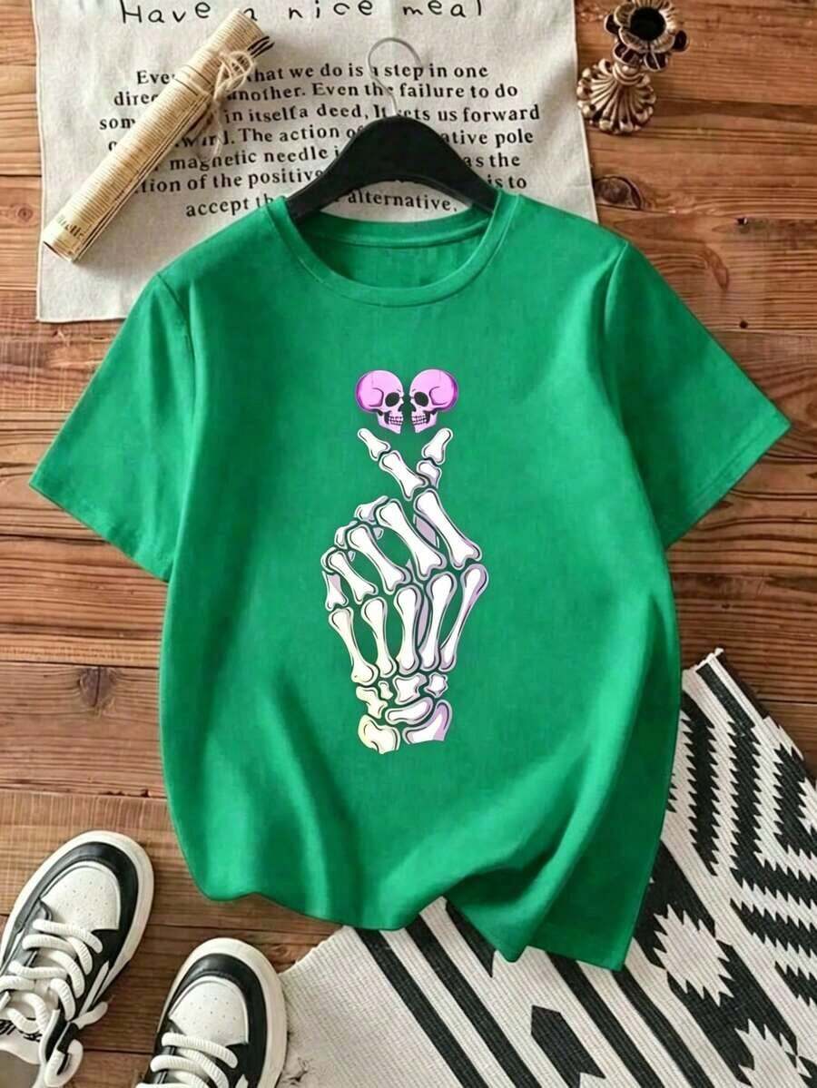 Playera Negra para Mujer con Gráfico de Manos de Esqueleto en Rosa Neón, Camiseta Casual de Manga Corta Estilo Rock y Gothic Aesthetic, Top Moderno de Algodón con Diseño de Gesto Rebelde, Blusa Juvenil de Moda para Conciertos y Outfits de Streetwear Alternativo - Verde - Ver 1