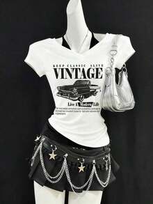 Camiseta de mujer casual de cuello en V retro, con atar, de manga corta y contraste de color, adecuada para el verano - Blanco - Ver 8