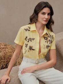 Blusa de mujer con bordado floral elegante de manga corta, versátil para vacaciones, viajes, primavera/verano, festivales, graduación - Amarillo - Ver 5