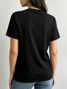 New York Letter Print T-Shirt, Women's Short Sleeve Crew Neck Casual Spring Summer Casual Blouse - 黑色 - 查看 2