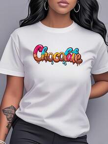 Camiseta con estampado de letras dulces y seductoras de chocolate, manga corta, cuello redondo, ropa de mujer, estilo de moda único, estilo urbano, conjunto para parejas, informal, versátil, ropa para estudiantes, conjunto para mejores amigas, ideal para ir de compras y citas, regalo de vacaciones, sorpresa de cumpleaños, reunión de amigos, artículo de moda, cómoda y transpirable, para amantes de los postres, expresión sincera, muestra de personalidad, patrón único, detalles llamativos, diseño sencillo, fácil de combinar, vivaz y a la moda, camiseta de algodón puro estampada para mujer. - Blanco - Ver 1