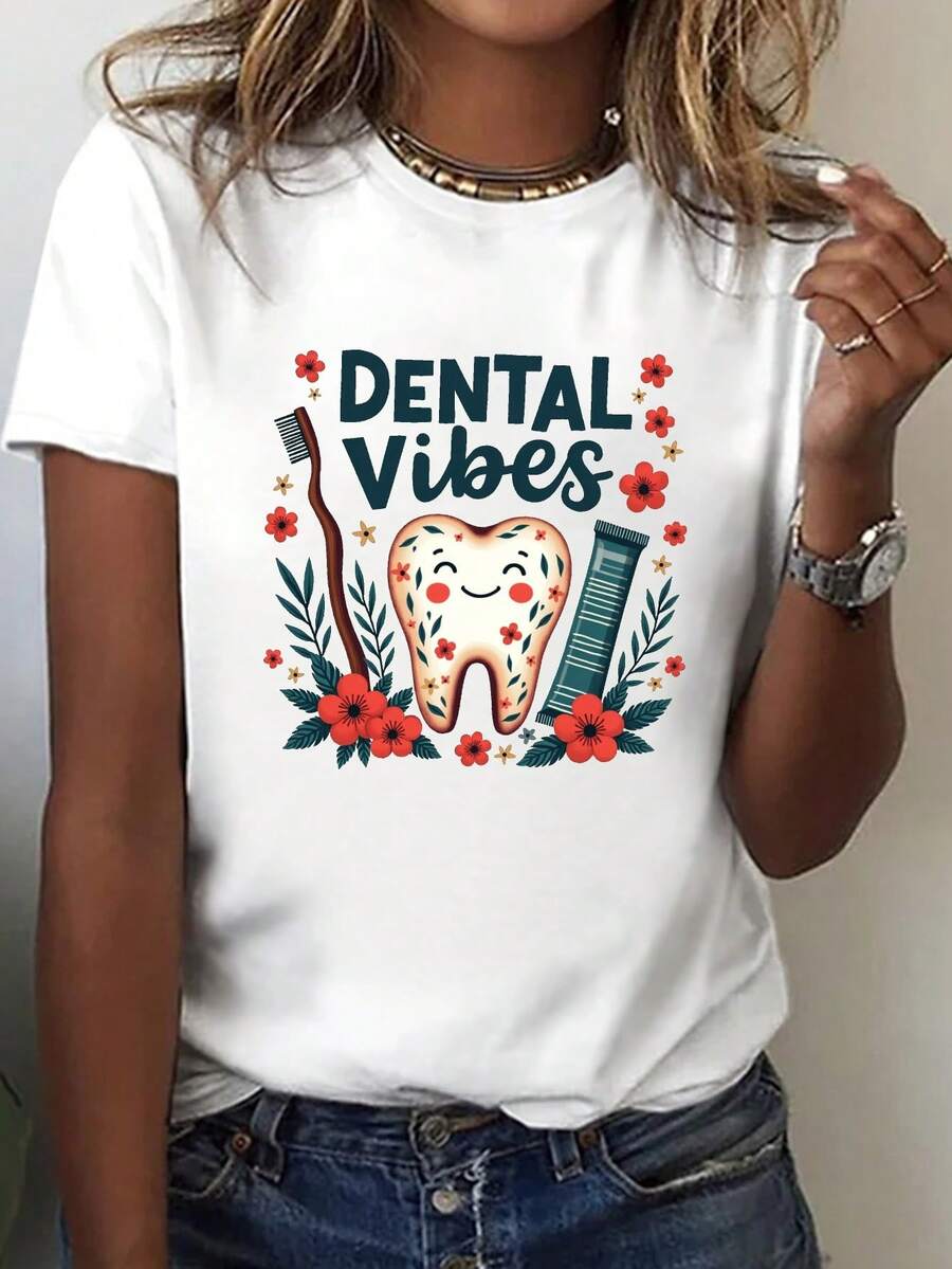 Women's Dental Print T-Shirt - Casual Short Sleeve Crew Neck T-Shirt With Fun Tooth And Flower Designs, Breathable Fabric, Machine Washable, Suitable For Spring And Summer, Gift For Dentists, Bright Print T-Shirt, Comfortable Fit, Pure Cotton Women's T-Shirt With Print - 白色 - 查看 1