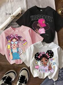 Camiseta casual de manga corta con estampado de niña de dibujos animados, talla grande, de una sola pieza, con cuello redondo, ideal para el uso diario, adecuada para verano y primavera, camiseta versátil para mujer, top femenino. - Blanco - Ver 8