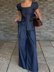 Conjunto casual de verano de mujer con top de mezclilla de cuello cuadrado de manga corta y jeans rectos - Azul lavado oscuro - Ver 2