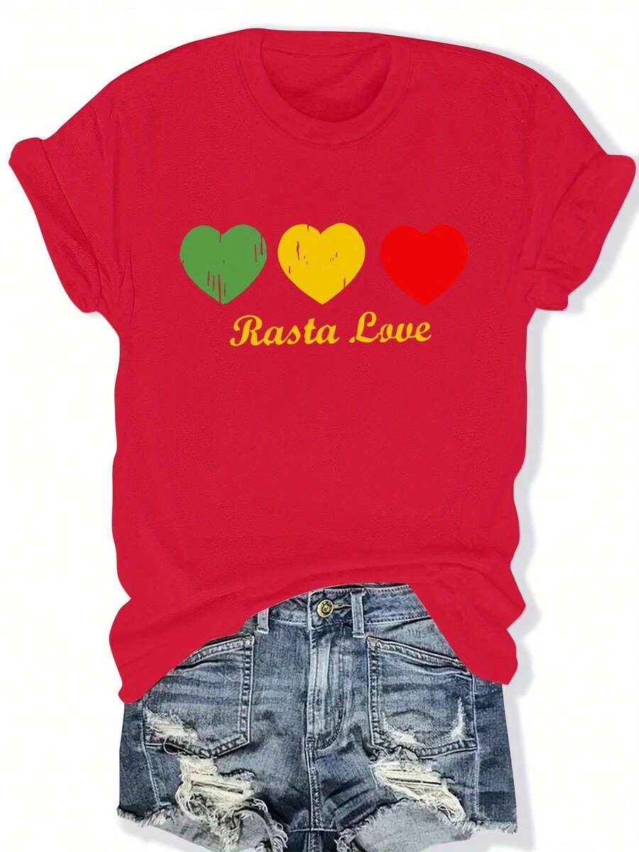 Plus Size - Plus Size - Loose-Fitting Short-Sleeved T-Shirt With Lettering And Hearts, Perfect For Casual Wear In Spring And Summer, Available In Plus Sizes For Women. - 紅色 - 查看 1